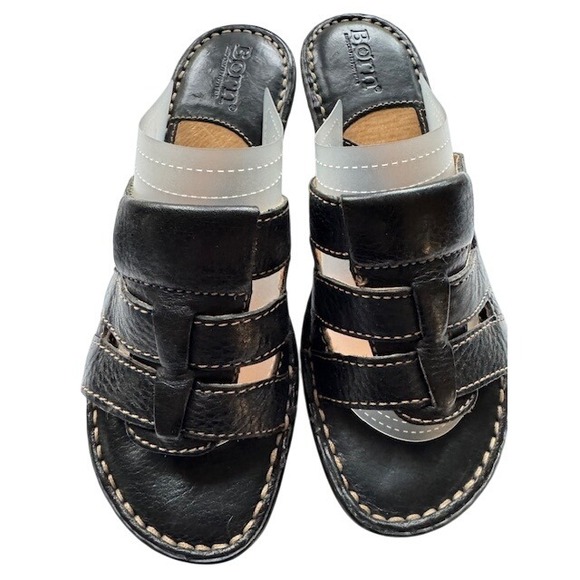 Born Leather Wedge Sandals Slides Black Strappy Slip On Comfort Shoes - size 6 - Picture 1 of 11